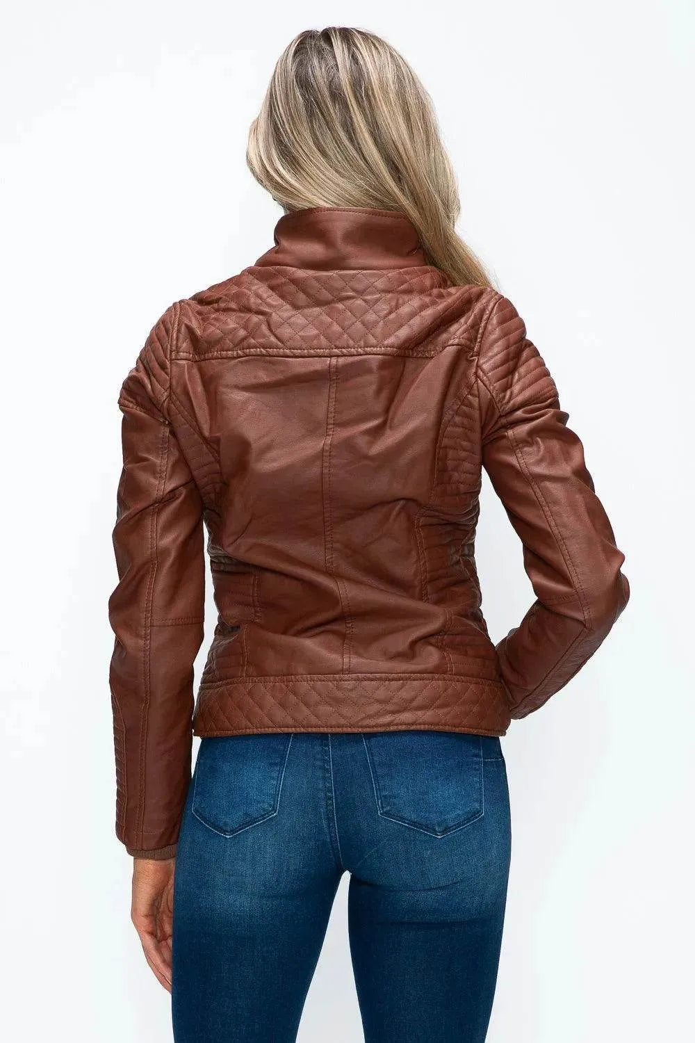 YMI Faux Layered Double-Zipper Jacket with Fuzzy Hood - Bona Fide Fashion
