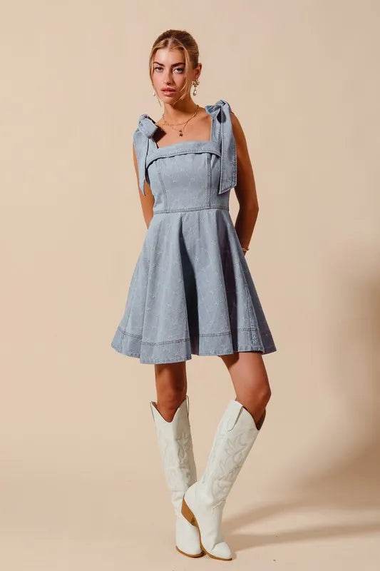 SO ME A Line Fit and Flare Diamond Bow Ribbon Denim Dres - Bona Fide Fashion