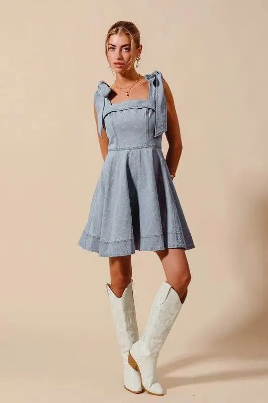SO ME A Line Fit and Flare Diamond Bow Ribbon Denim Dres - Bona Fide Fashion