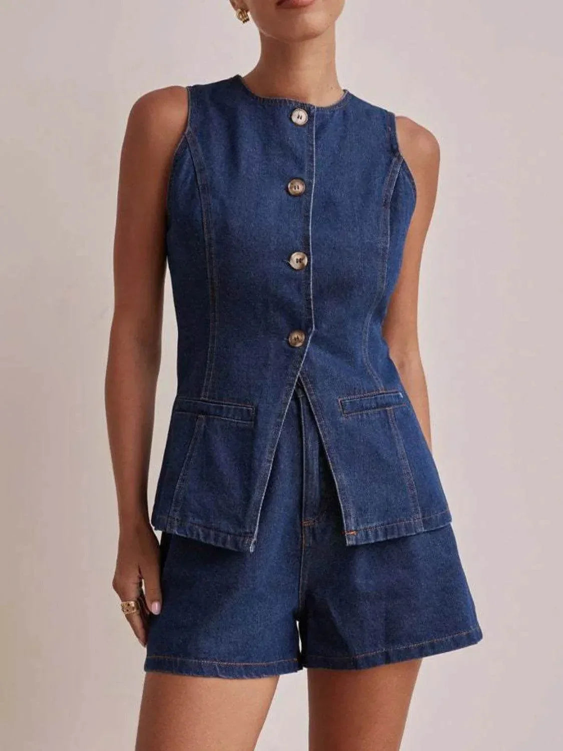 Button Down Vest and Shorts Denim Set - Bona Fide Fashion