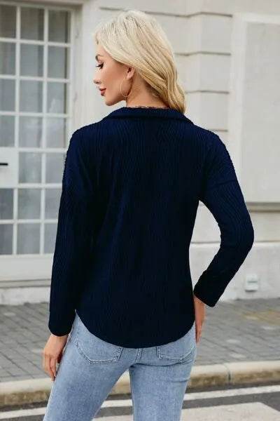 Texture Collared Neck Long Sleeve Blouse - Bona Fide Fashion