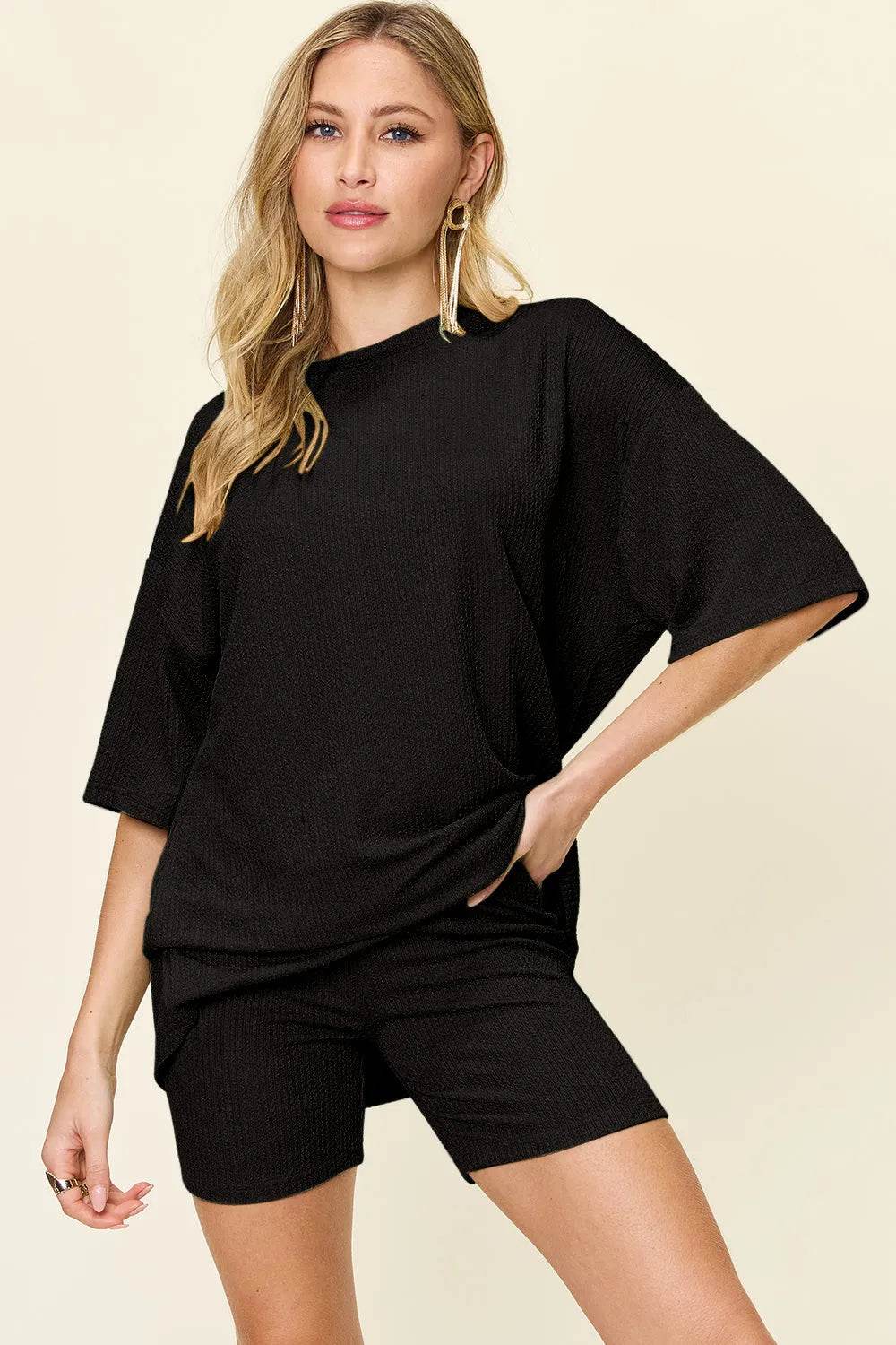 Double Take Full Size Texture Round Neck Drop Shoulder T-Shirt and Shorts Set - Bona Fide Fashion