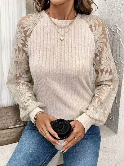 Round Neck Lace Patchwork Long Sleeve Top - Bona Fide Fashion