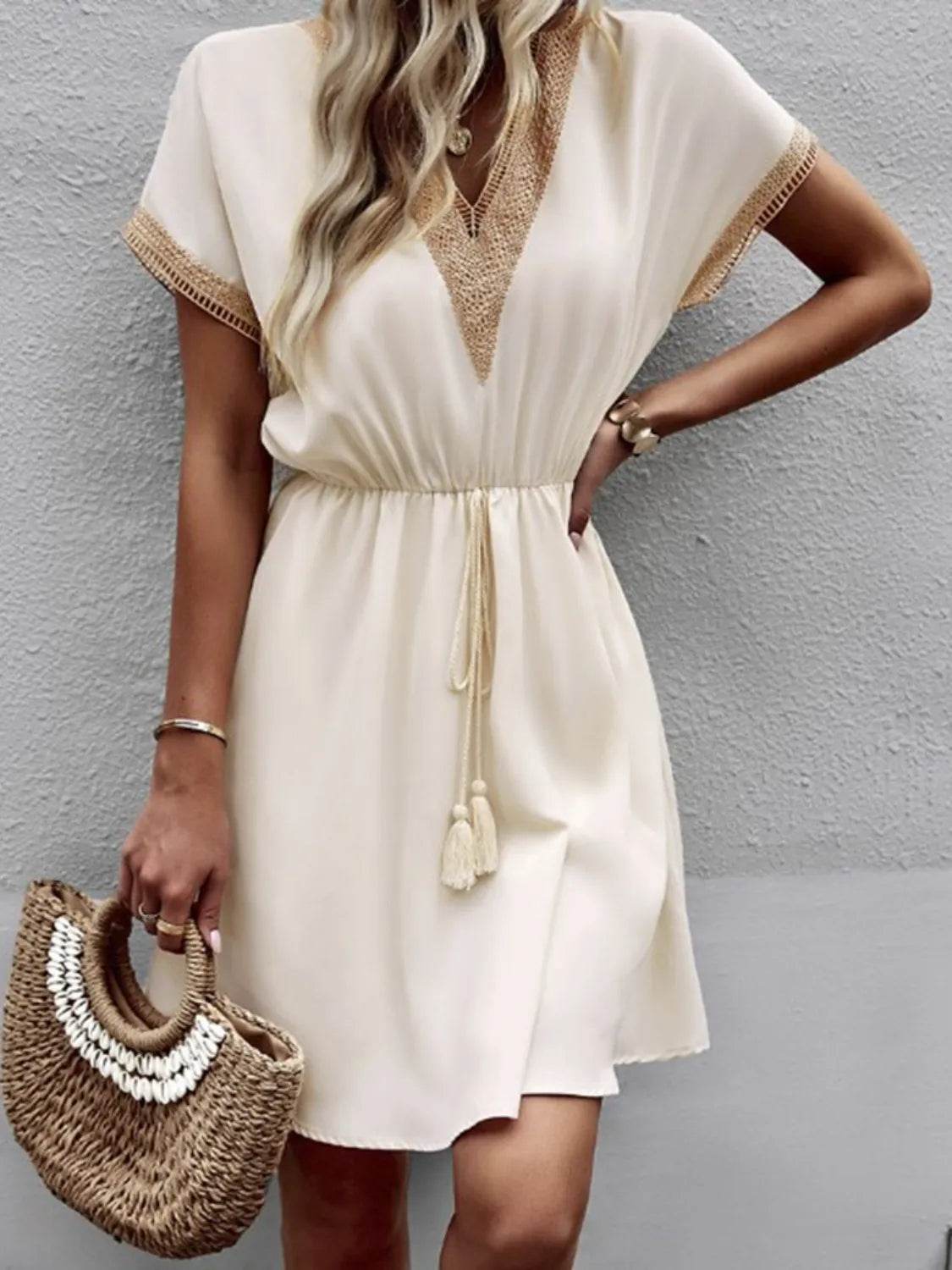 Full Size Tassel V-Neck Short Sleeve Dress Plus Size - Bona Fide Fashion