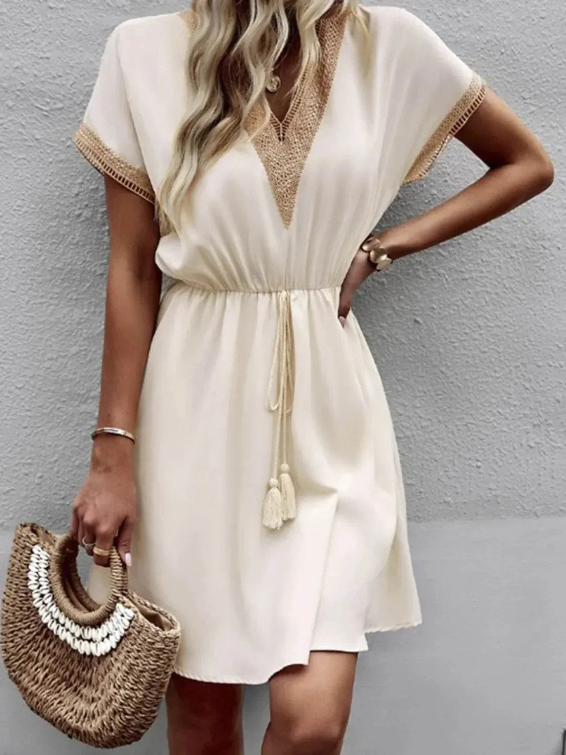 Full Size Tassel V-Neck Short Sleeve Dress Plus Size - Bona Fide Fashion
