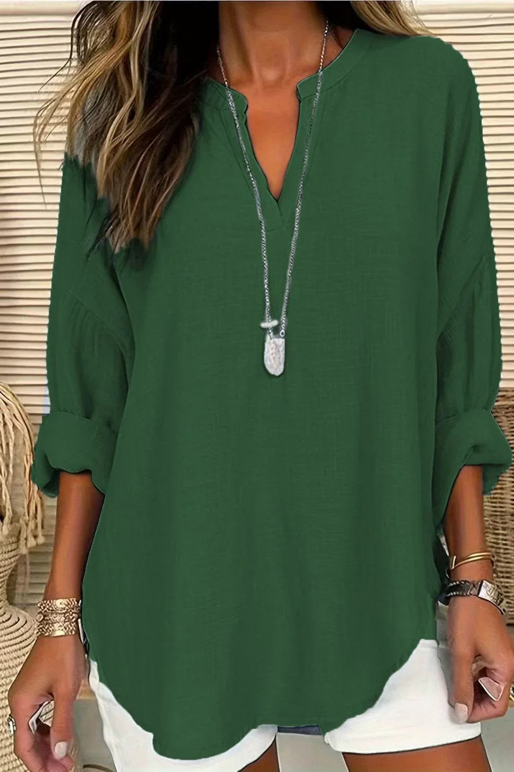 Solid Color Notched Long Sleeve Blouse - Bona Fide Fashion