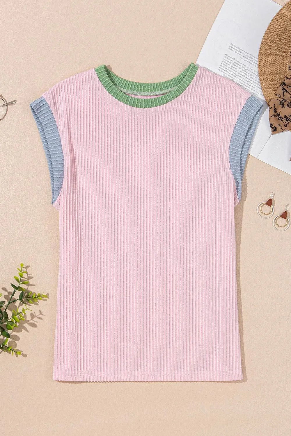 Contrast Trim Round Neck Cap Sleeve Top - Bona Fide Fashion
