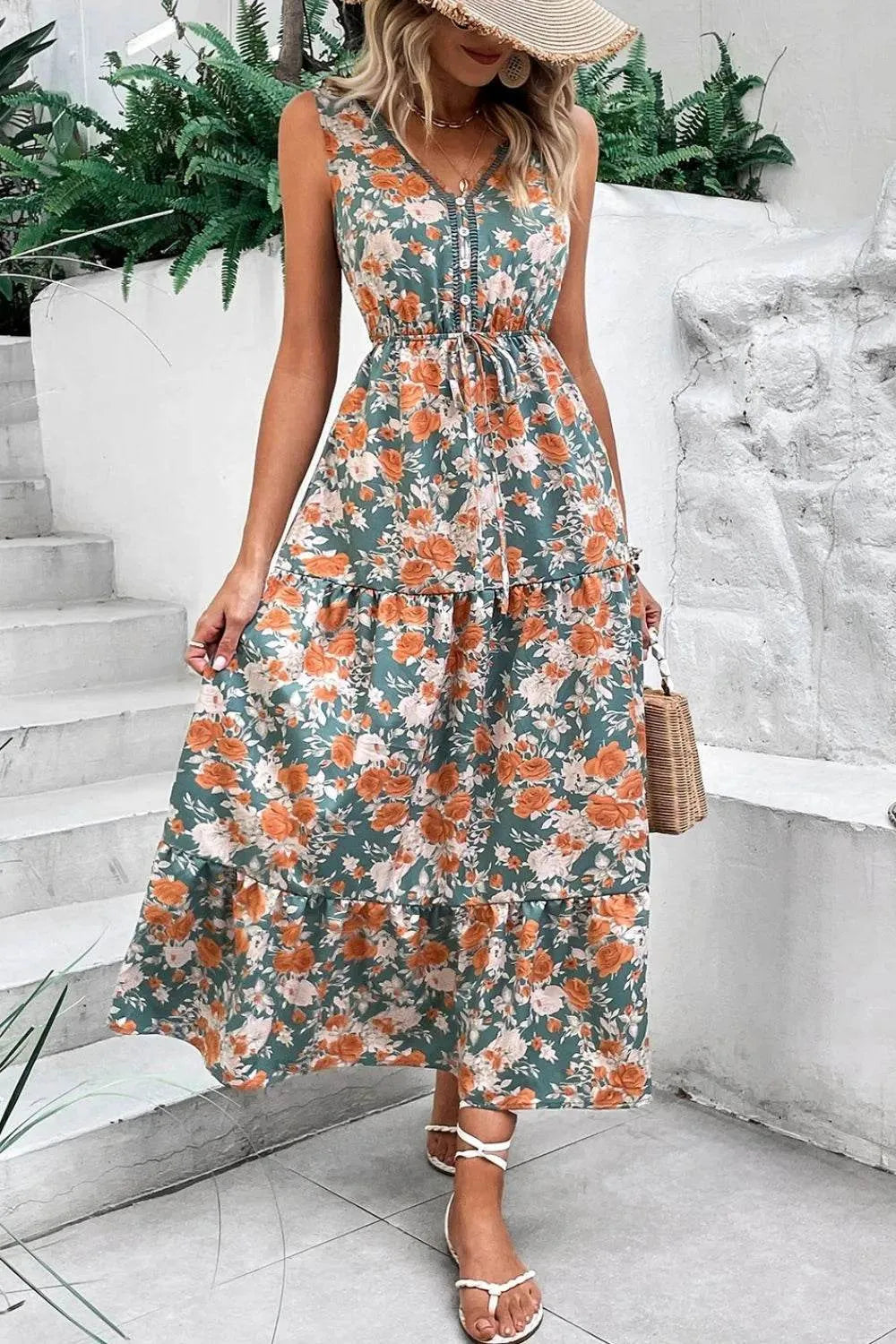 Floral Print Trimmed V Neck Tie Waist Sleeveless Dress - Bona Fide Fashion
