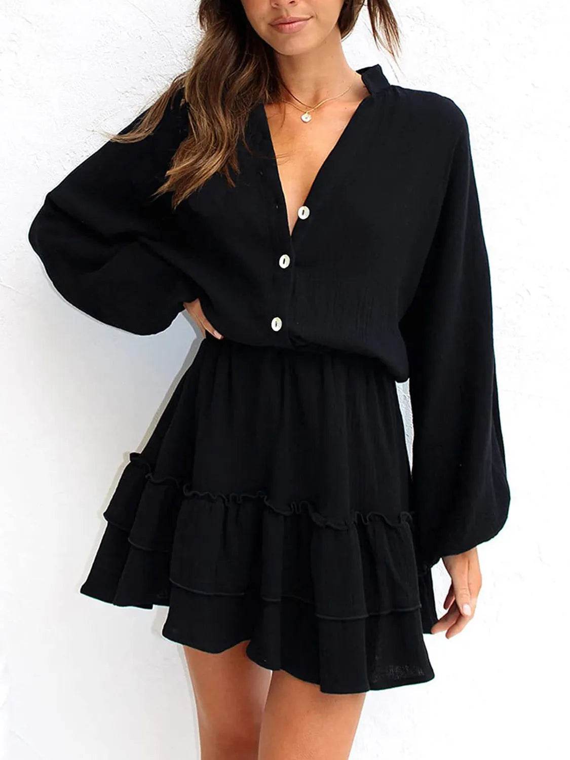 Ruffled Notched Balloon Sleeve Mini Dress - Bona Fide Fashion