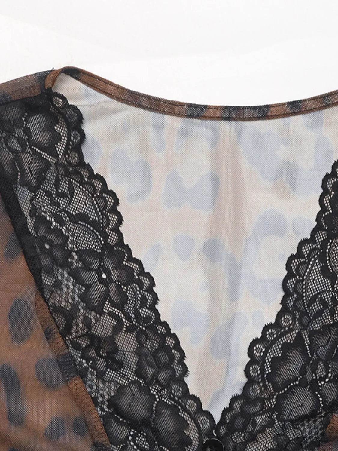 Perfee Leopard V-Neck Lace Bodysuit - Bona Fide Fashion