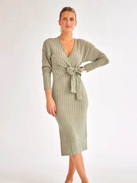 V-neck Long-sleeved Knitted Tie Dress HW58R7SVKU - Bona Fide Fashion