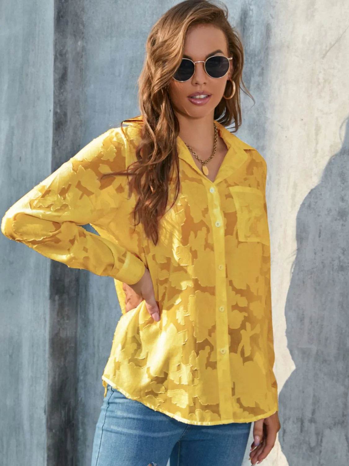 Full Size Collared Neck Long Sleeve Shirt Plus Size - Bona Fide Fashion