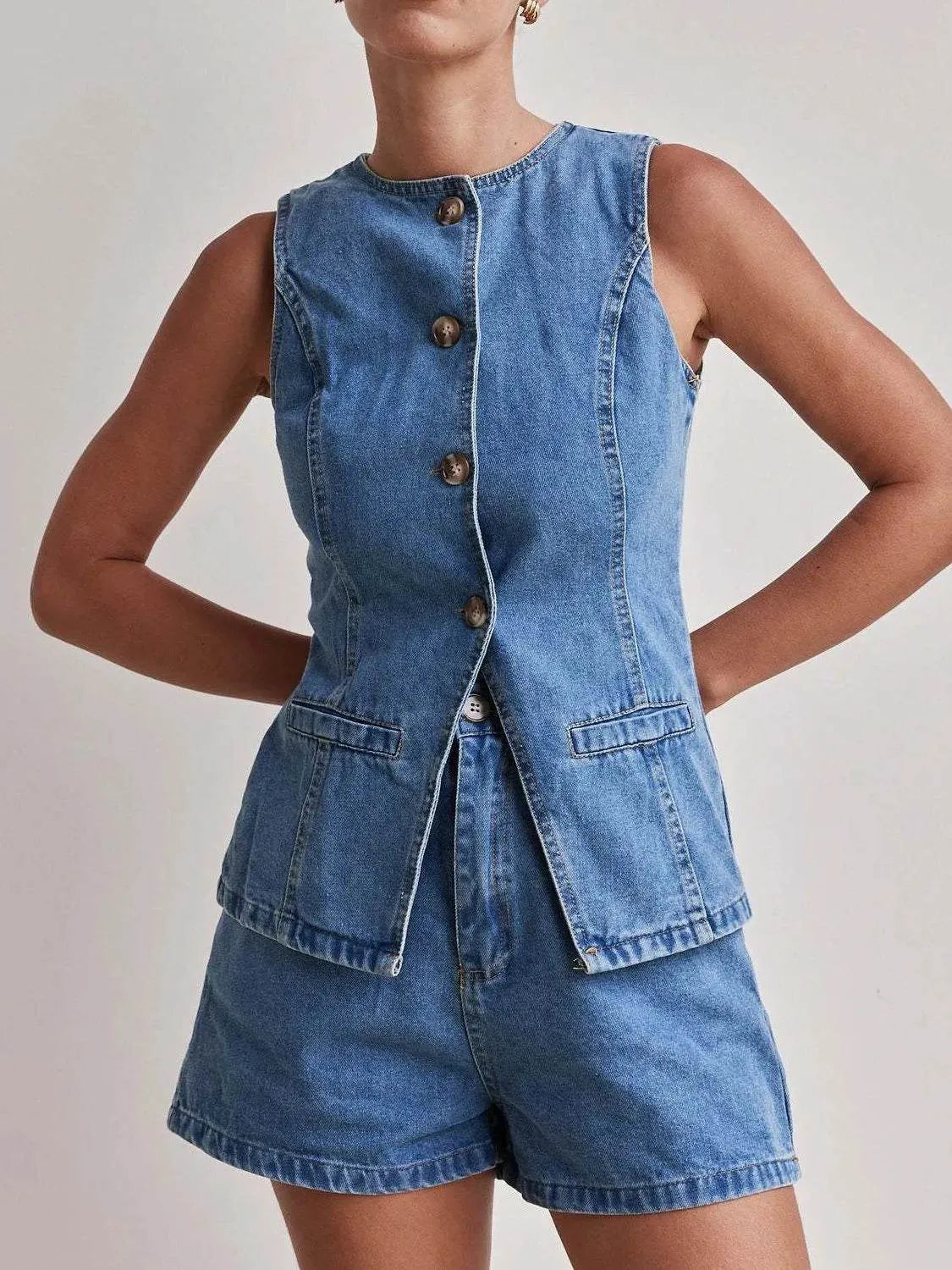 Button Down Vest and Shorts Denim Set - Bona Fide Fashion