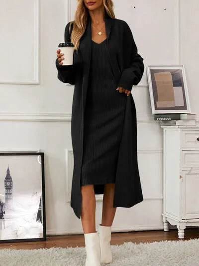 V-Neck Cami Dress and Open Front Cardigan Sweater Set - Bona Fide Fashion