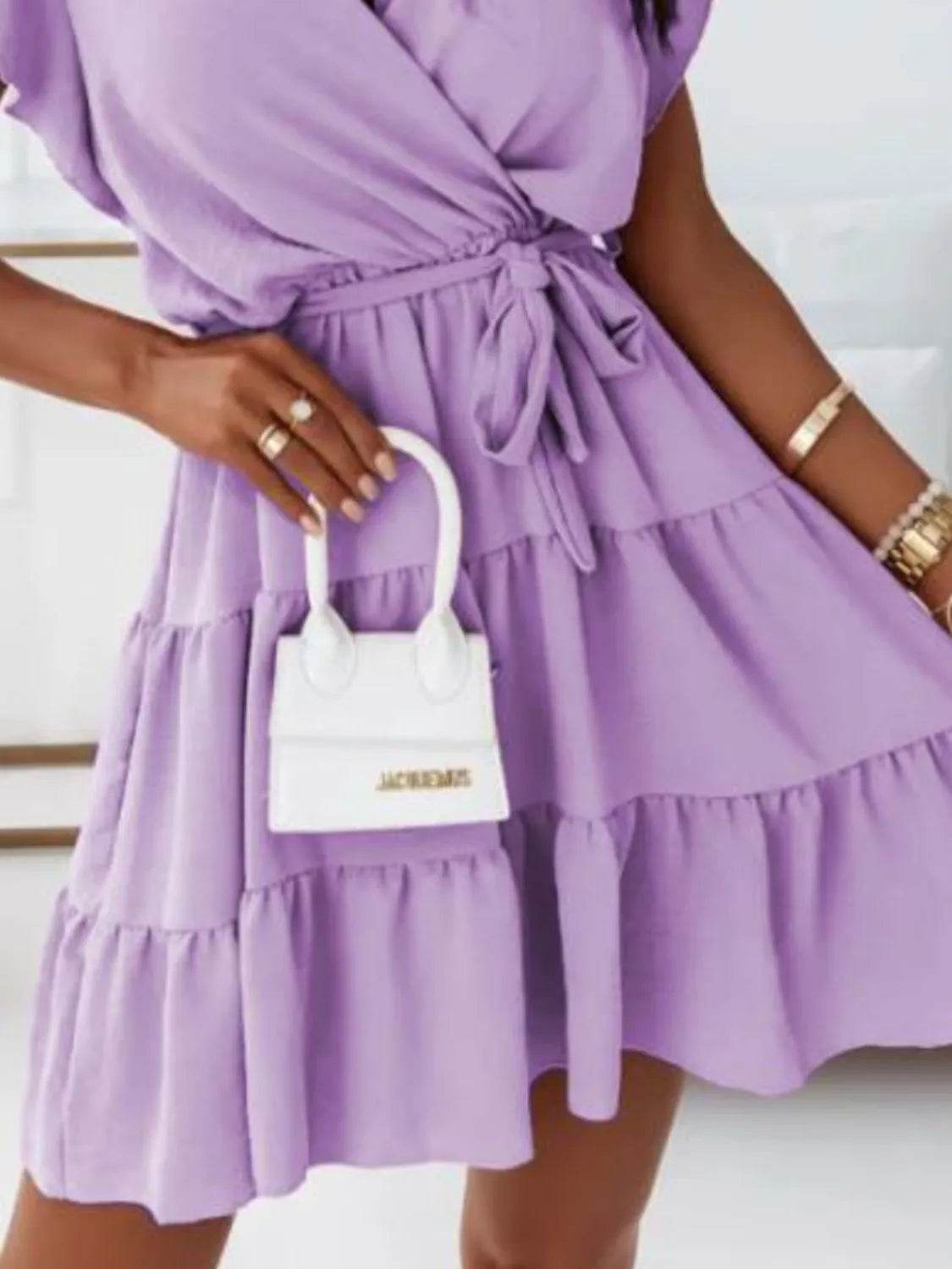 Ruffled Surplice Cap Sleeve Mini Dress - Bona Fide Fashion
