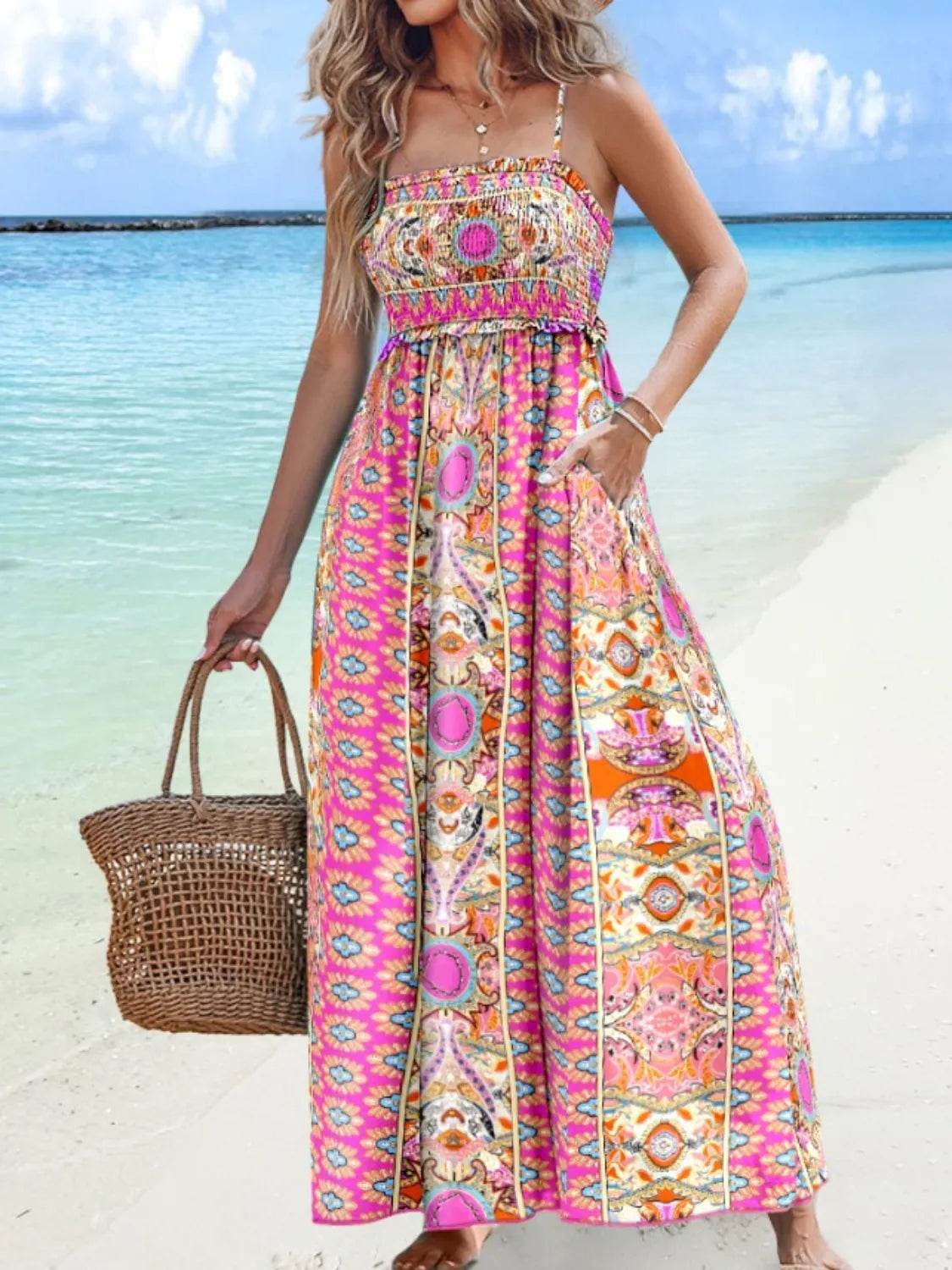 Printed Smocked Maxi Cami Dress - Bona Fide Fashion