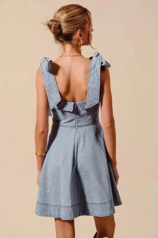 SO ME A Line Fit and Flare Diamond Bow Ribbon Denim Dres - Bona Fide Fashion