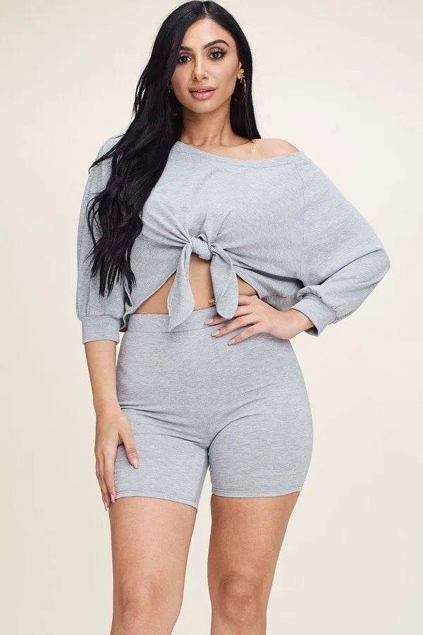 Solid French Terry Tie Front Off The Shoulder Slouchy Top And Shorts Two Piece Set - Bona Fide Fashion