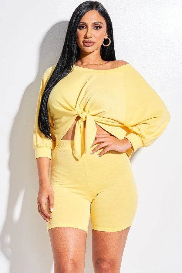 Solid French Terry Tie Front Off The Shoulder Slouchy Top And Shorts Two Piece Set - Bona Fide Fashion