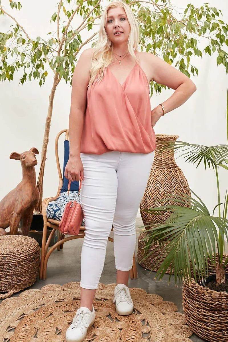 Front Surplice Pleats Back Shirring Solid Cami Top - Bona Fide Fashion