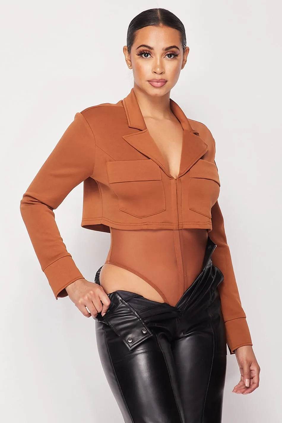 Deep-v Cropped Power Shoulder Blazer Bodysuit - Bona Fide Fashion