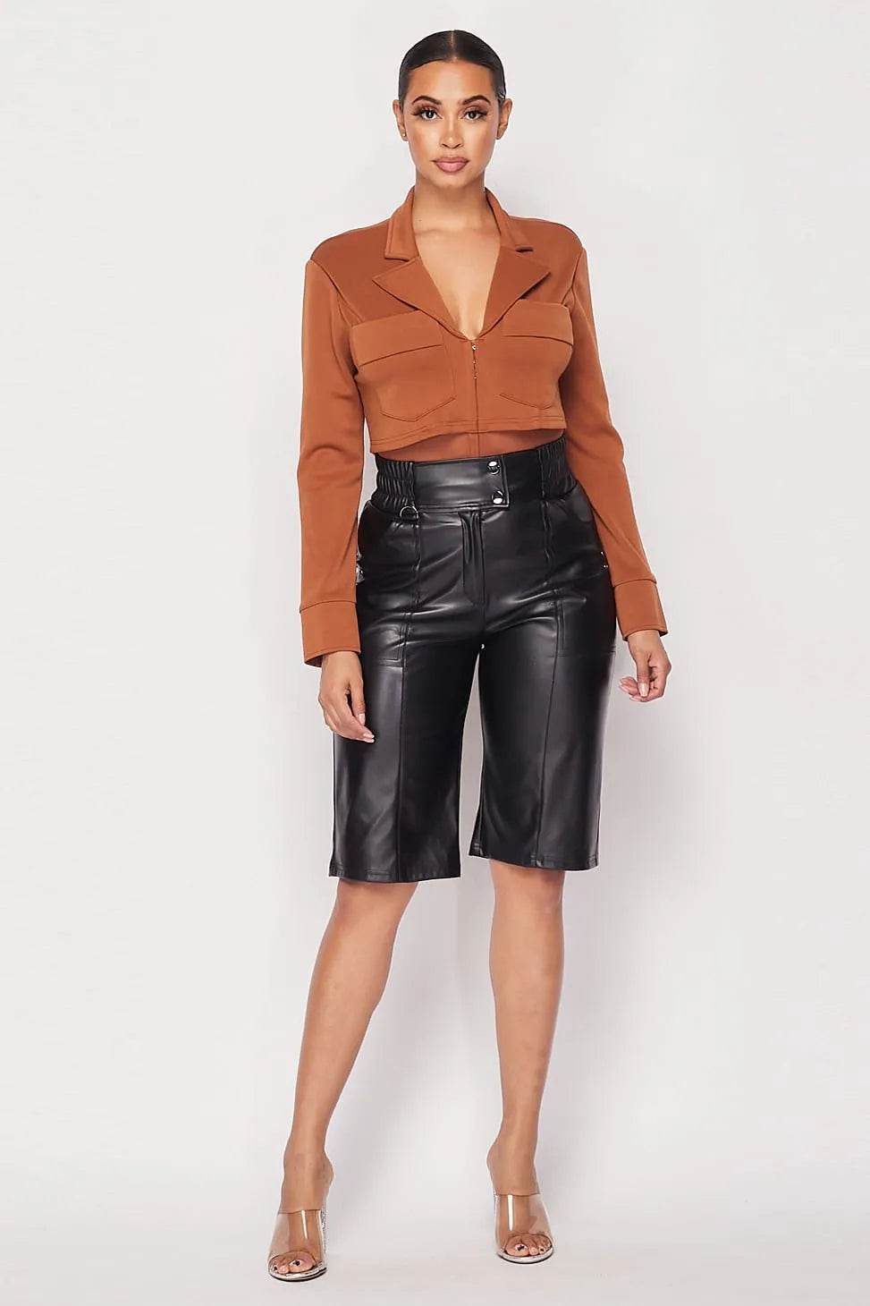 Deep-v Cropped Power Shoulder Blazer Bodysuit - Bona Fide Fashion