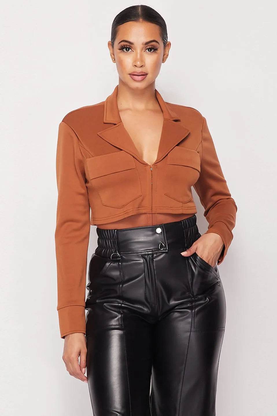Deep-v Cropped Power Shoulder Blazer Bodysuit - Bona Fide Fashion