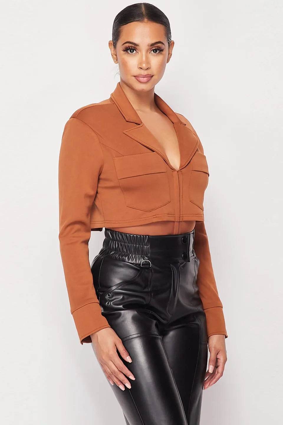 Deep-v Cropped Power Shoulder Blazer Bodysuit - Bona Fide Fashion