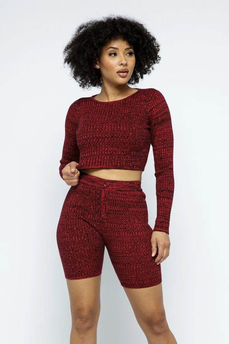 Knit Long Sleeve Cropped Top Knit High-waist Biker Shorts Set - Bona Fide Fashion