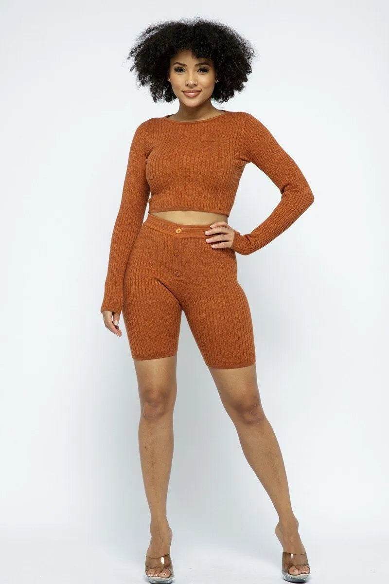 Knit Long Sleeve Cropped Top Knit High-waist Biker Shorts Set - Bona Fide Fashion