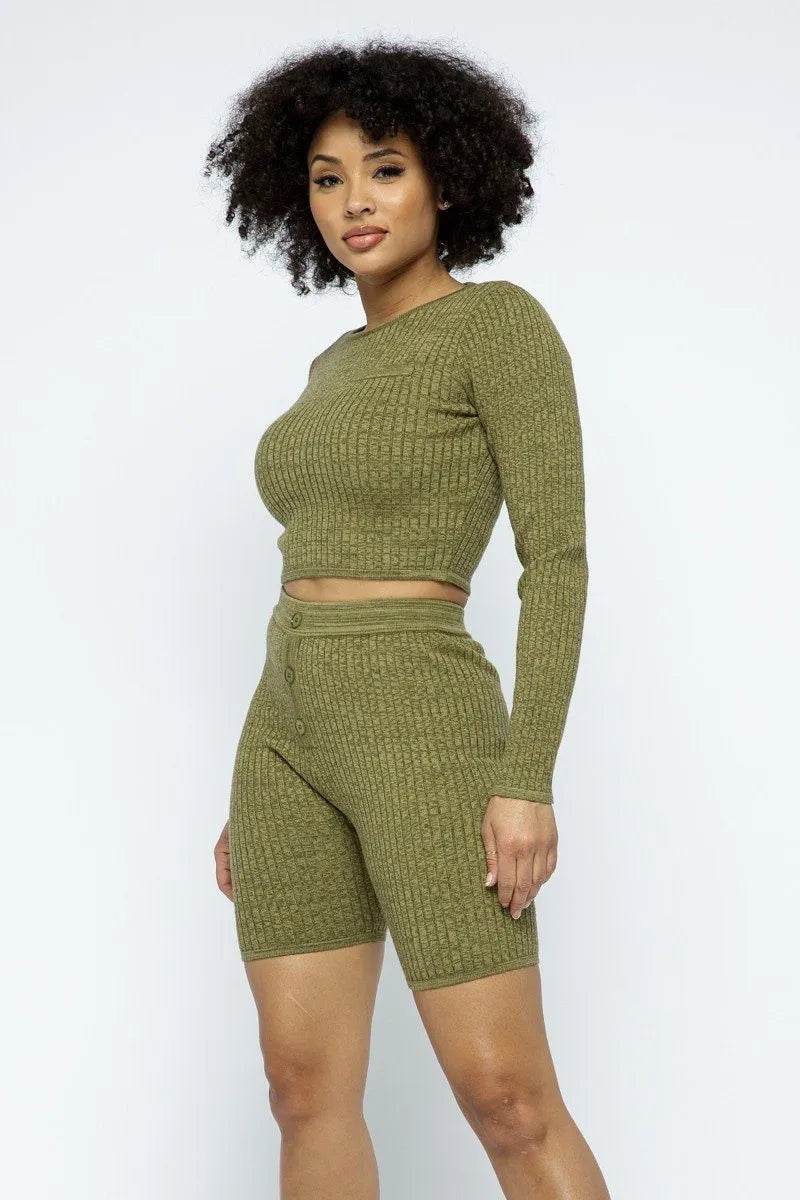 Knit Long Sleeve Cropped Top Knit High-waist Biker Shorts Set - Bona Fide Fashion