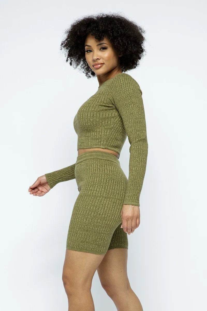 Knit Long Sleeve Cropped Top Knit High-waist Biker Shorts Set - Bona Fide Fashion