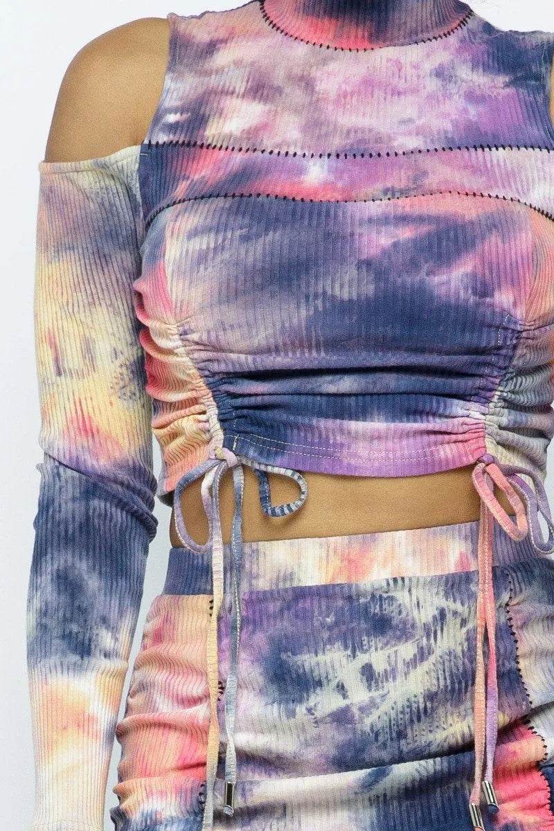 Tie Dye Open Shoulder Long Sleeve Top And Matching Skirt W Ruching Details - Bona Fide Fashion
