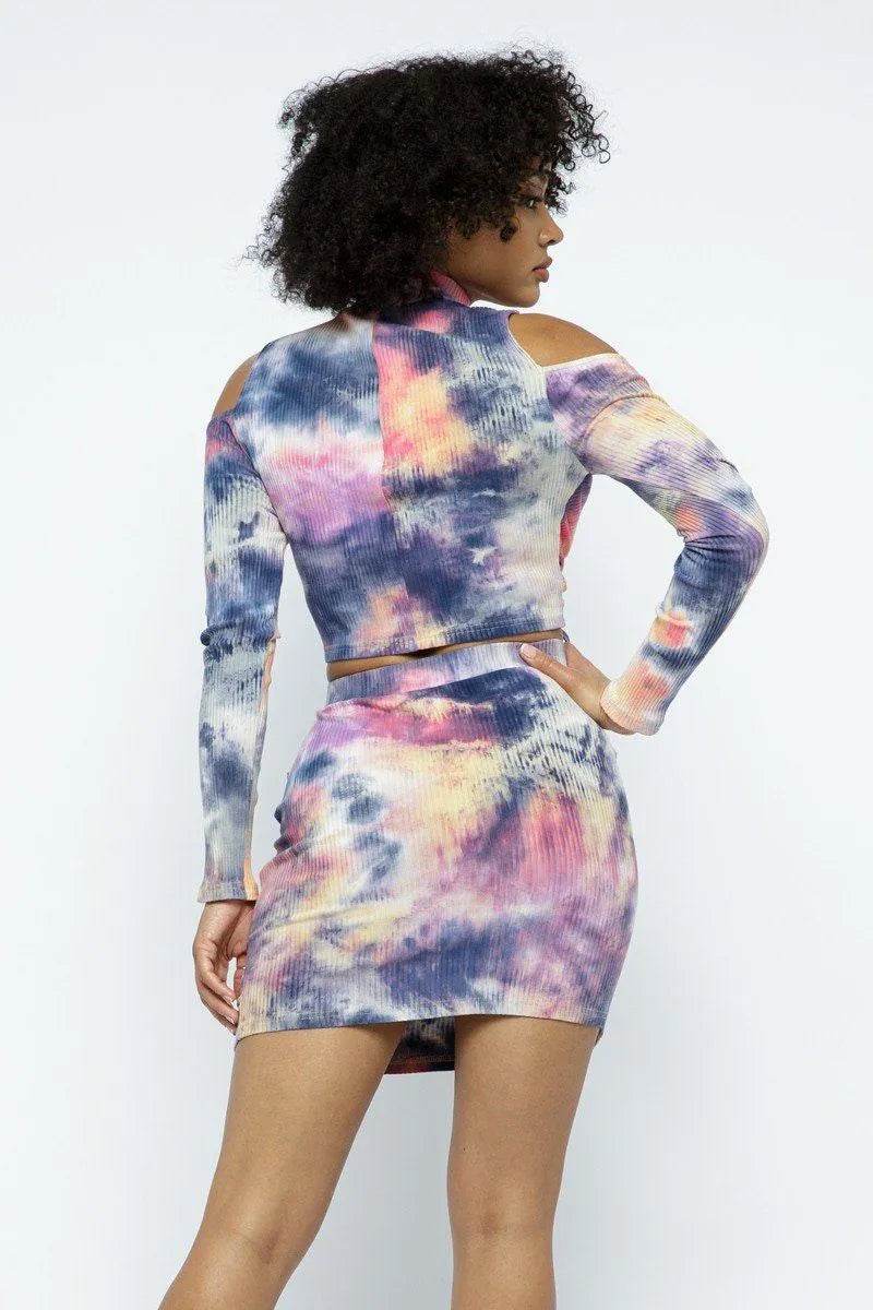Tie Dye Open Shoulder Long Sleeve Top And Matching Skirt W Ruching Details - Bona Fide Fashion