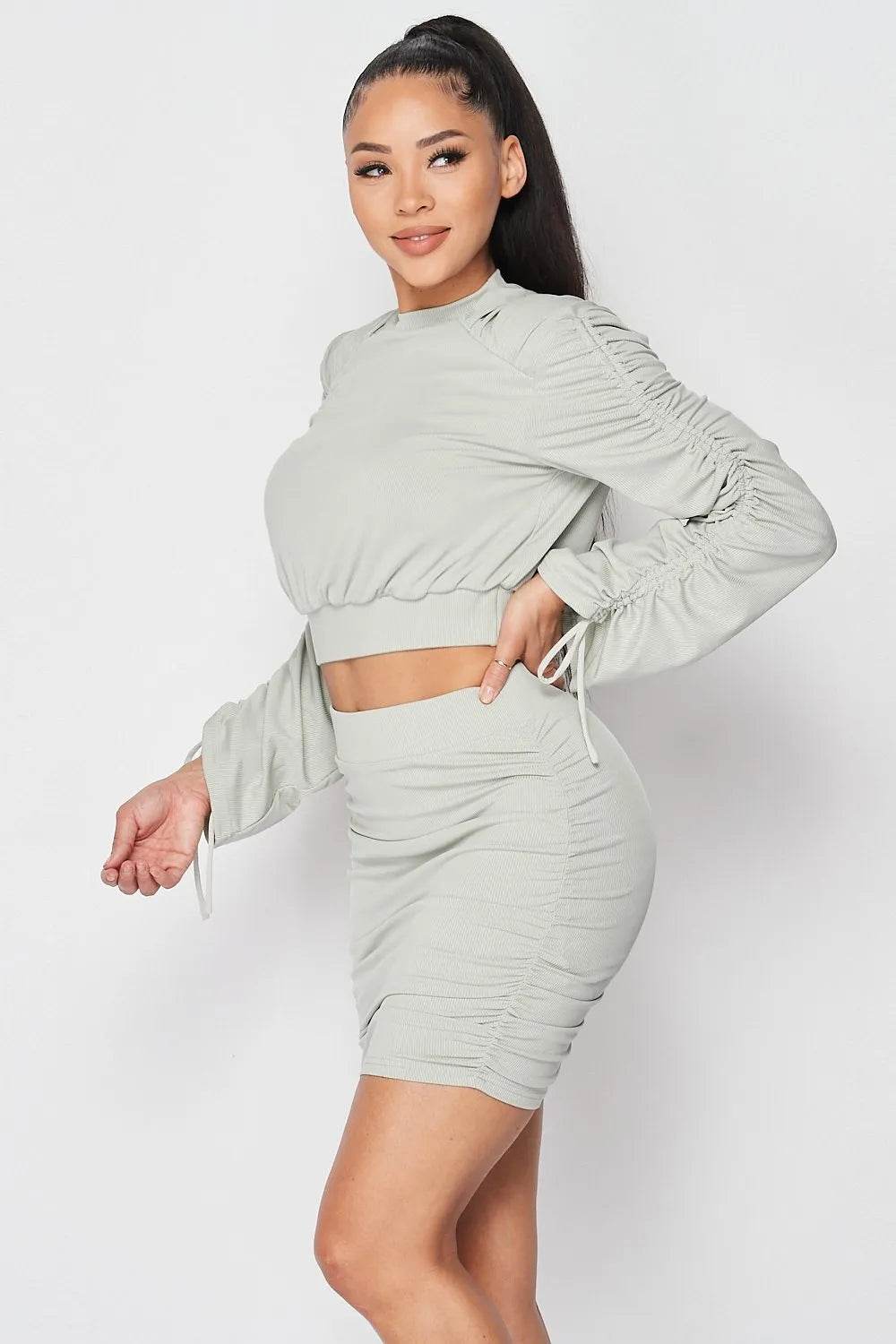 Ruched Long Sleeve And Skirt Set - Bona Fide Fashion