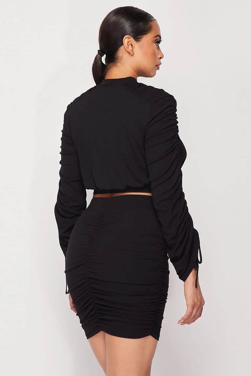 Ruched Long Sleeve And Skirt Set - Bona Fide Fashion