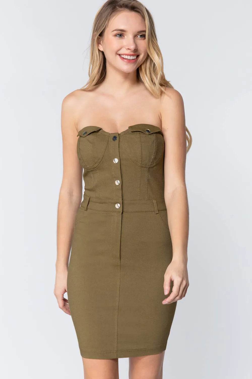Strapless Button Down Mini Dress - Bona Fide Fashion