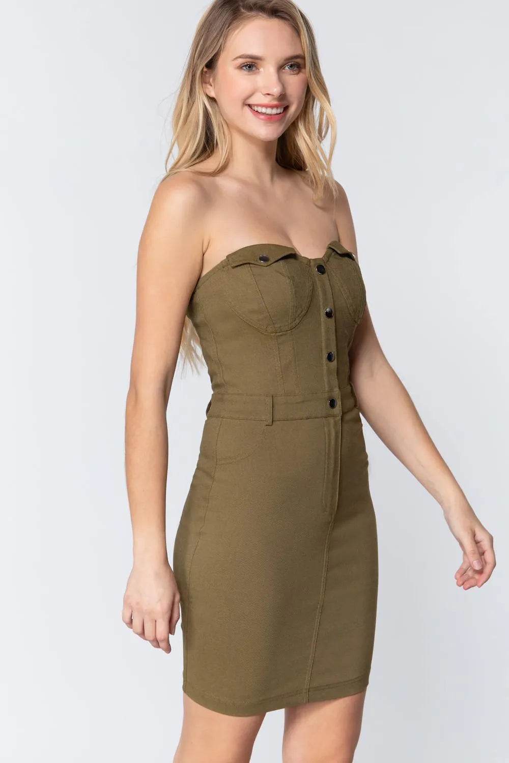 Strapless Button Down Mini Dress - Bona Fide Fashion