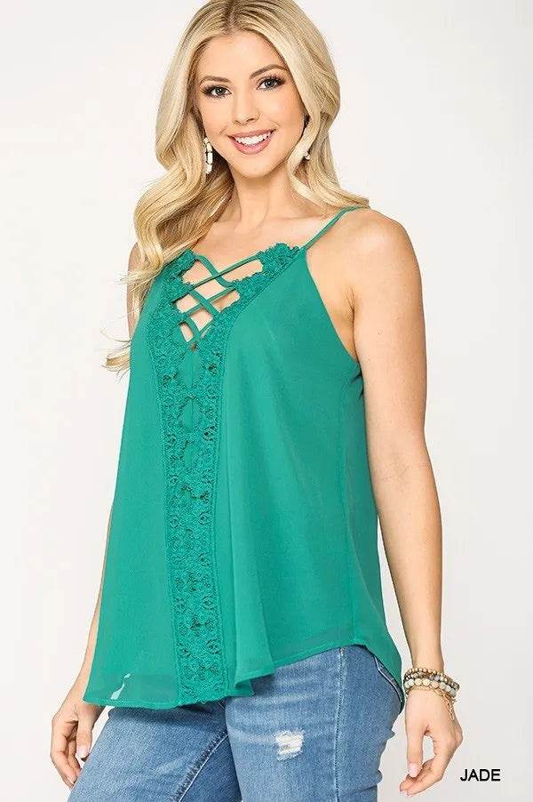 Plunging V-neckline Lattice Top - Bona Fide Fashion