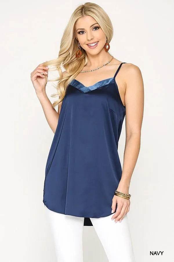 Velvet Mixed Adjustable Strap Round Hem Camisole - Bona Fide Fashion