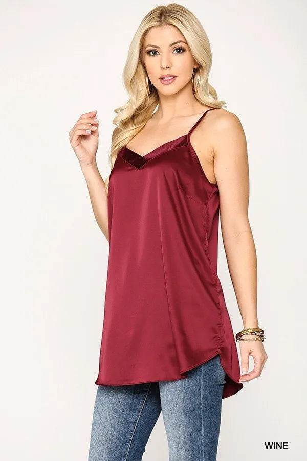 Velvet Mixed Adjustable Strap Round Hem Camisole - Bona Fide Fashion