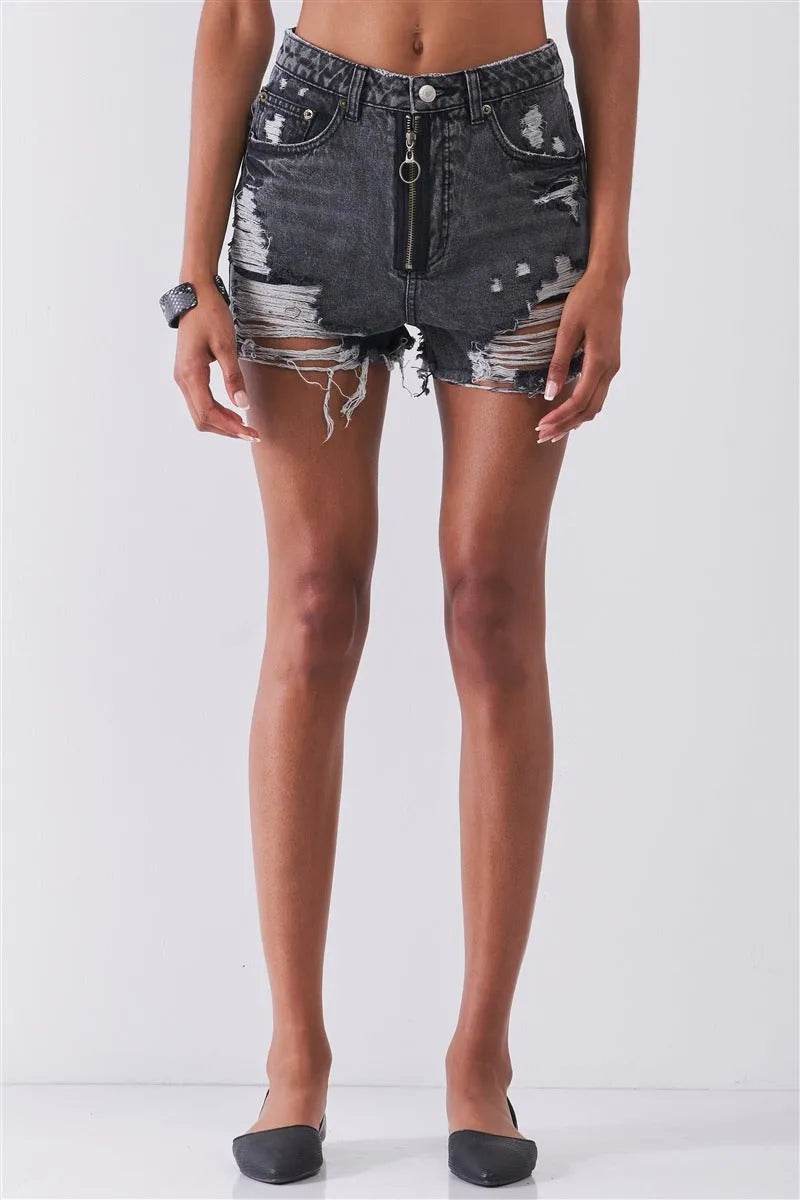 Ripped High-waist Front Zip-up Raw Hem Detail Distressed Mini Shorts - Bona Fide Fashion