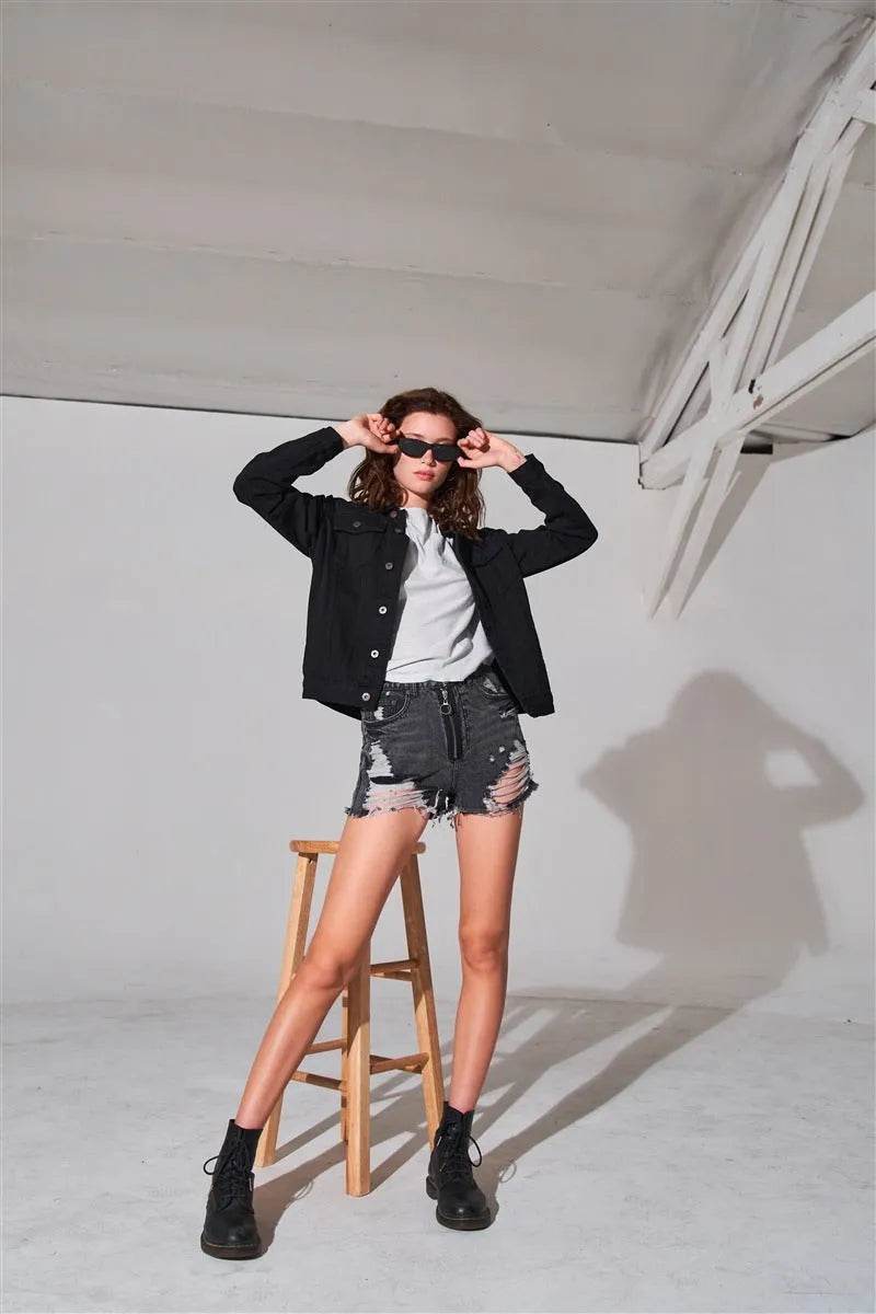 Ripped High-waist Front Zip-up Raw Hem Detail Distressed Mini Shorts - Bona Fide Fashion