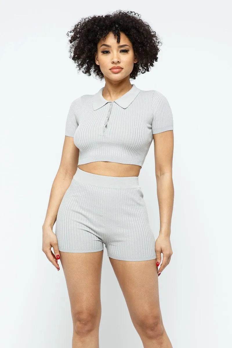 Collar Crop Top + Shorts Set - Bona Fide Fashion