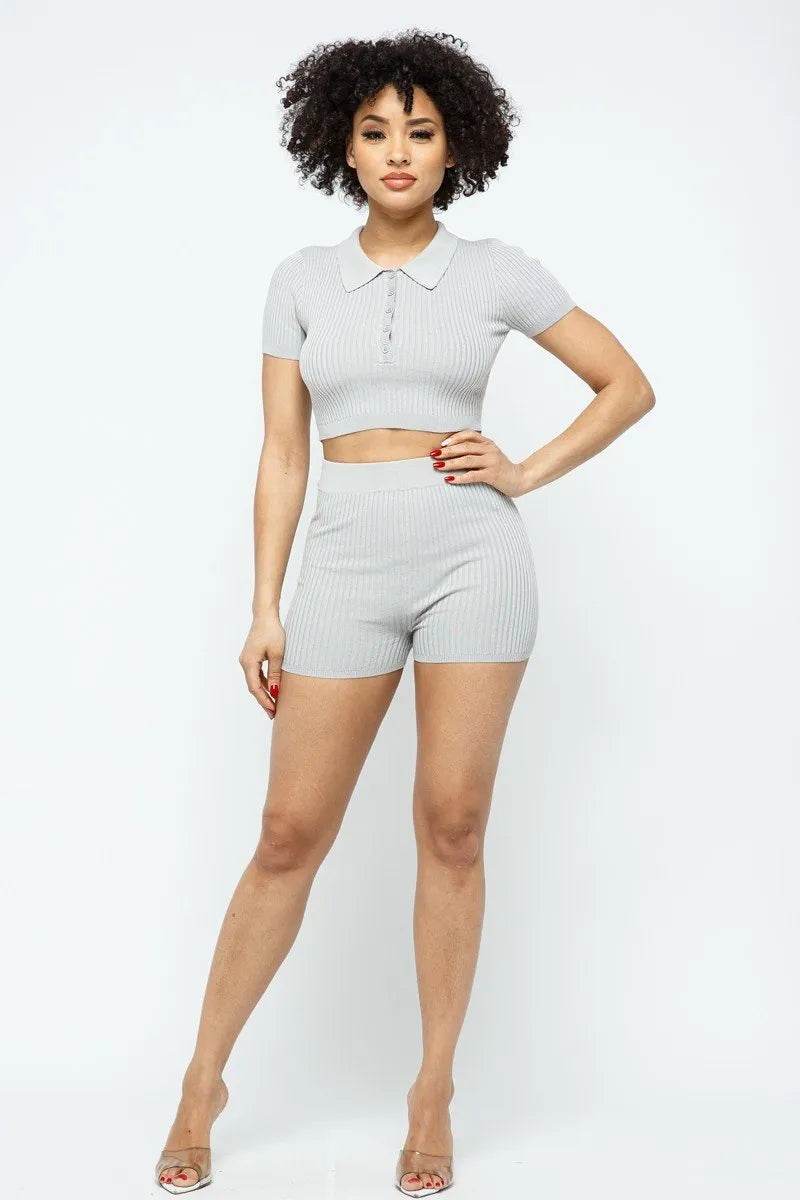 Collar Crop Top + Shorts Set - Bona Fide Fashion