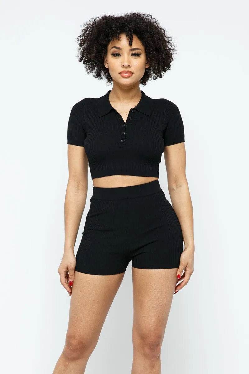 Collar Crop Top + Shorts Set - Bona Fide Fashion