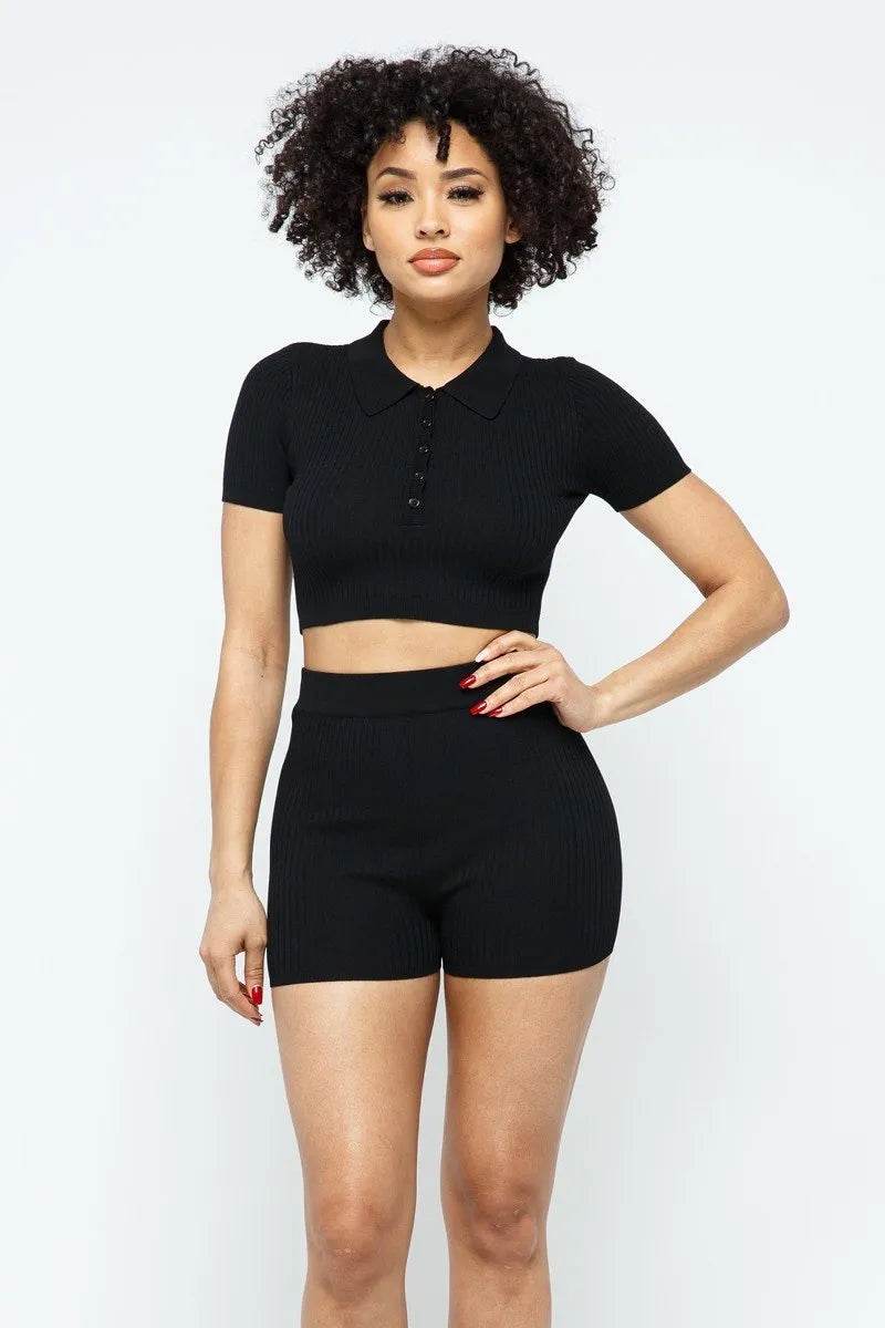 Collar Crop Top + Shorts Set - Bona Fide Fashion