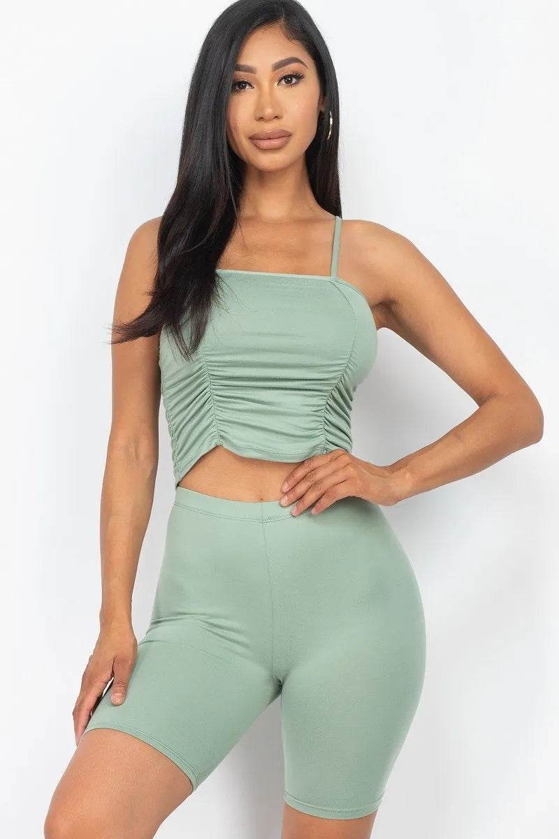 Camisole Ruched Sleeveless Top & Biker Shorts Set - Bona Fide Fashion