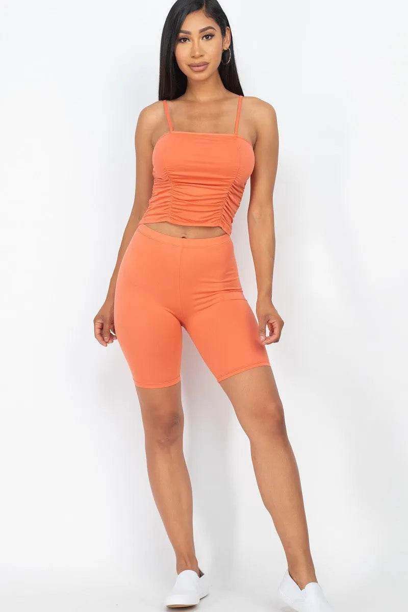 Camisole Ruched Sleeveless Top & Biker Shorts Set - Bona Fide Fashion