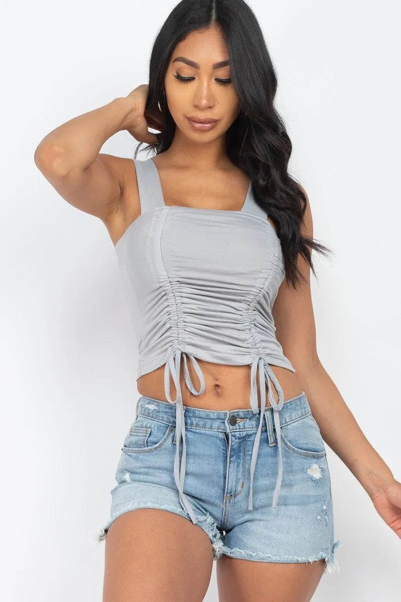 Adjustable Front Ruched With String Square Neck Crop Tops - Bona Fide Fashion